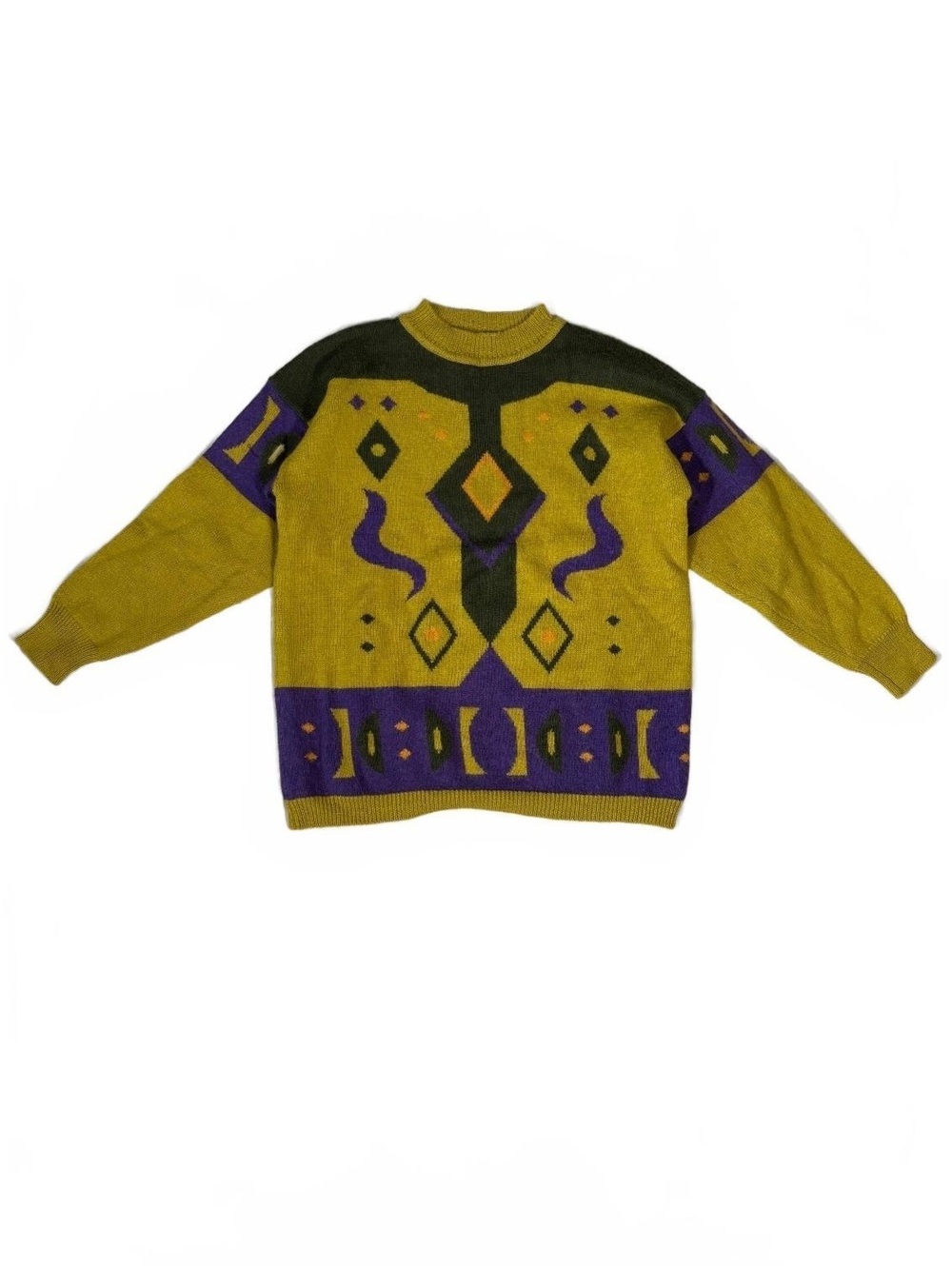 Vintage 80s 90s Chartreuse Olive & Purple Geometric Knit Pullover Sweater